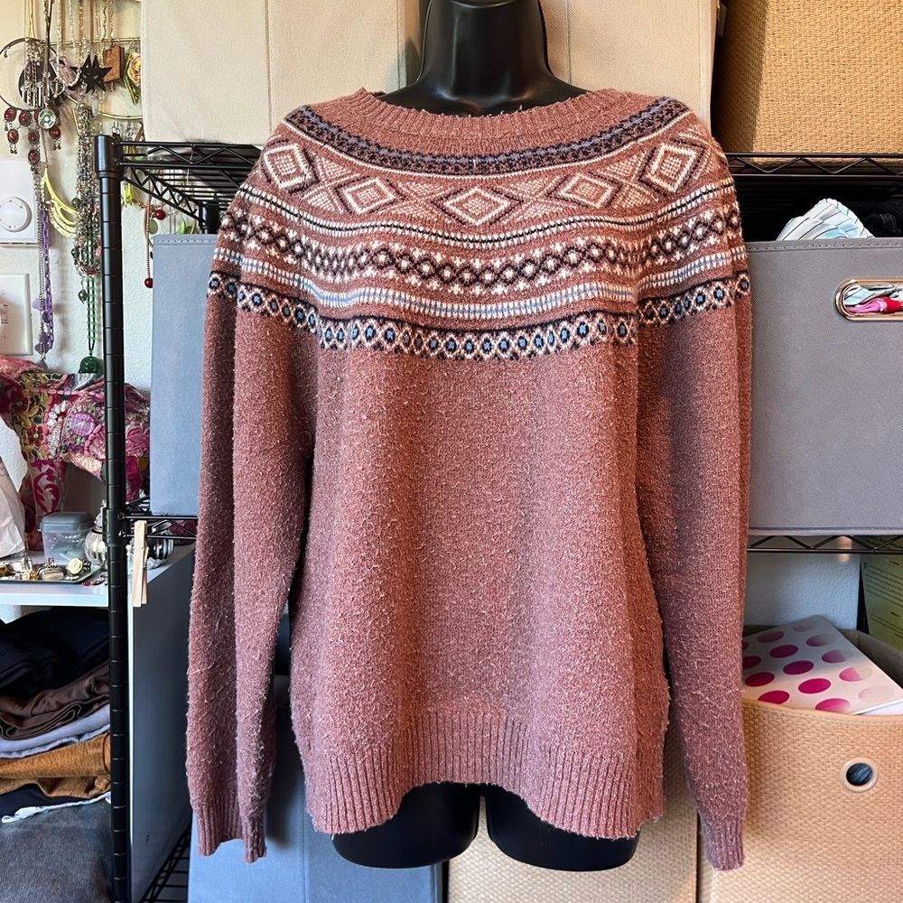 Weatherproof Dusty Rose Fair Isle Crewneck Sweater